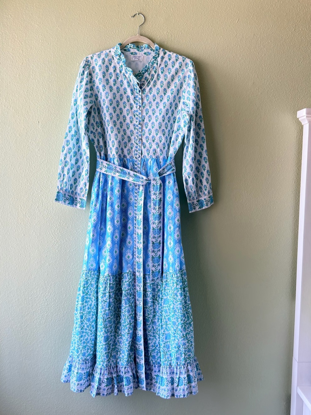 Boho Blue & White Printed Long Sleeve Maxi Dress with Tie Waist